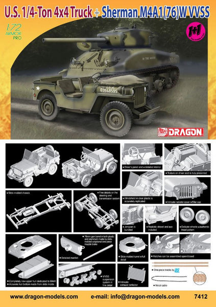 Dragon 1/72 1/4-Ton 4x4 Truck + Sherman M4A1(76)W VVSS | 7412