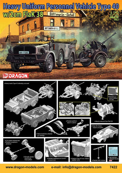 Dragon 1/72 Heavy Uniform Personnel Vehicle Type 40 + 2cm FlaK 38 | 7422